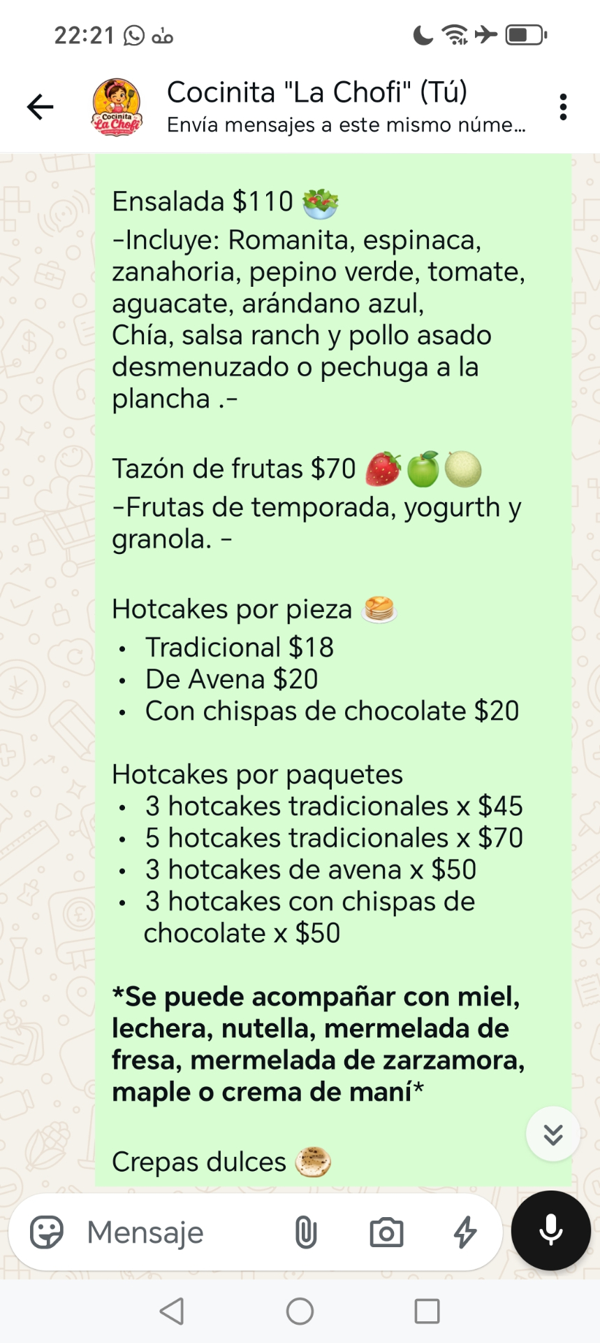 Menú enviado por WhatsApp