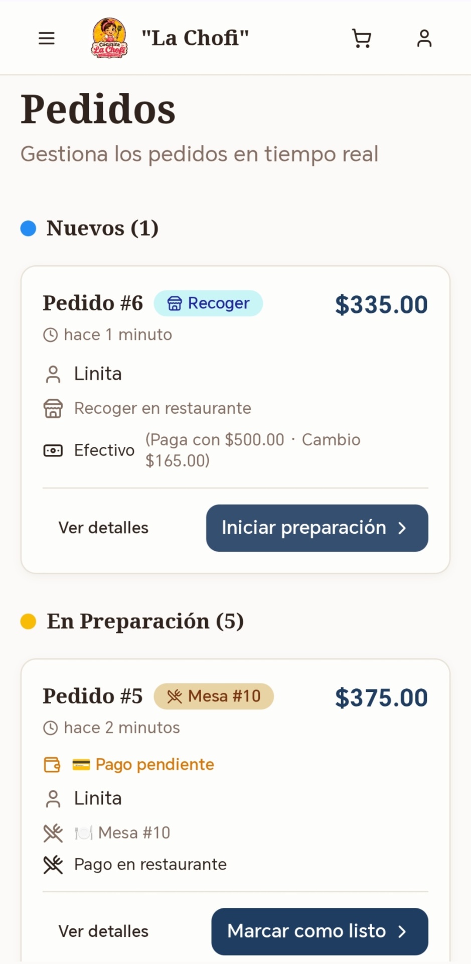 Panel de pedidos